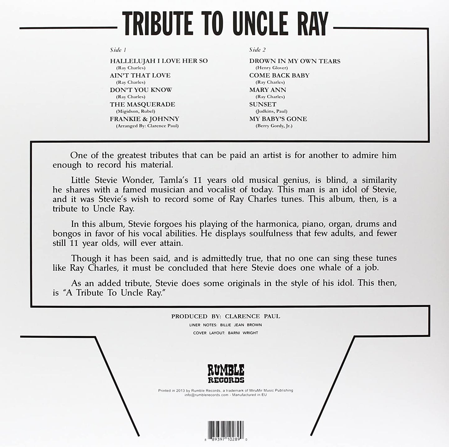 Wonder, Stevie/Tribute To Uncle Ray [LP]